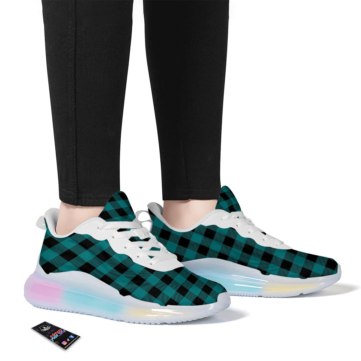 Buffalo Check Black And Teal Print Pattern Running Sneakers-grizzshop