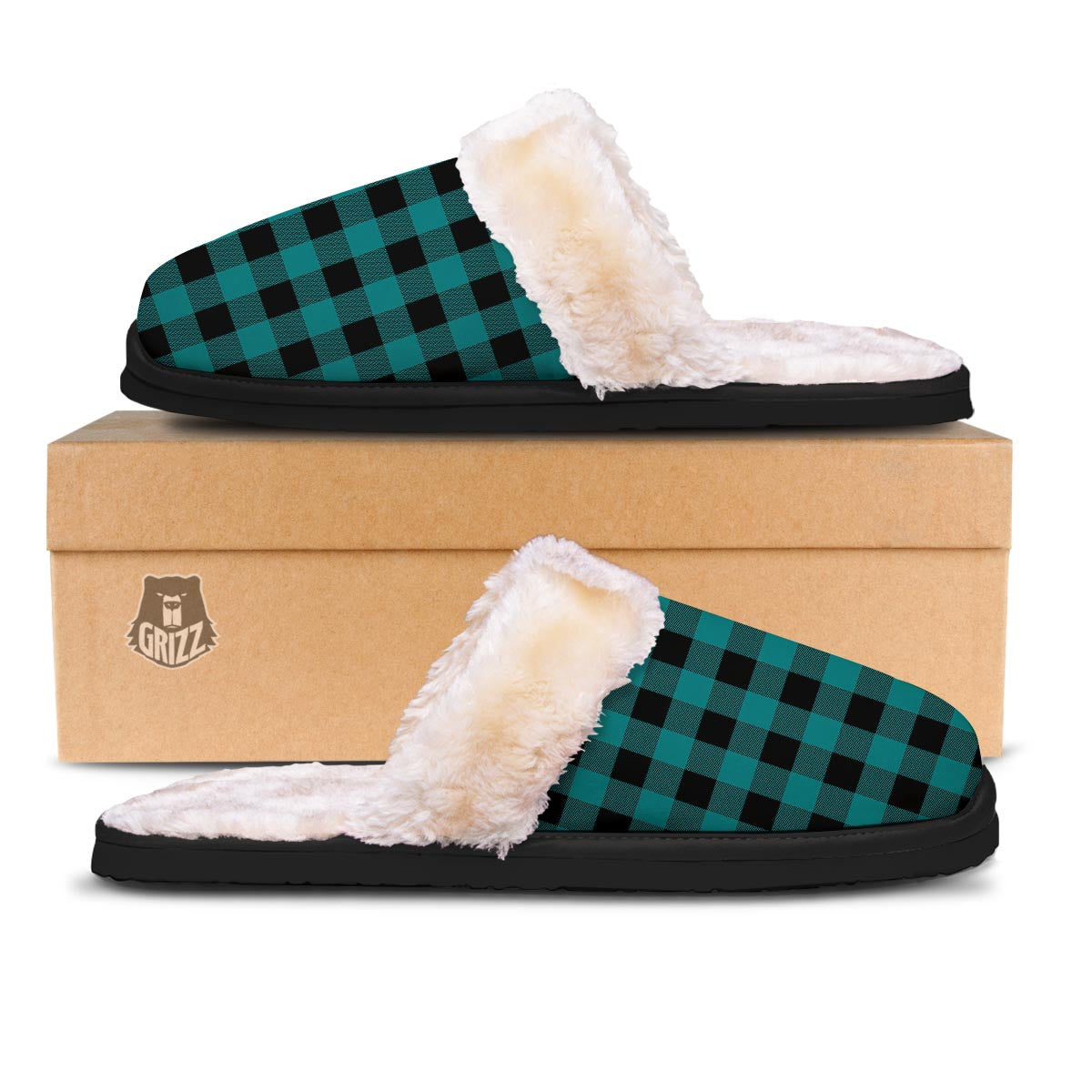 Buffalo Check Black And Teal Print Pattern Slippers-grizzshop