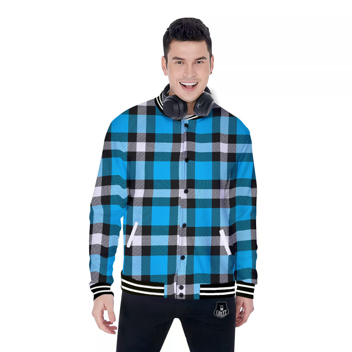 Buffalo Check Black And Turquoise Print Pattern Baseball Jacket-grizzshop