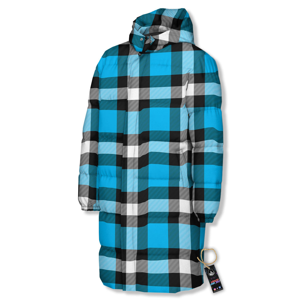 Buffalo Check Black And Turquoise Print Pattern Long Down Jacket-grizzshop