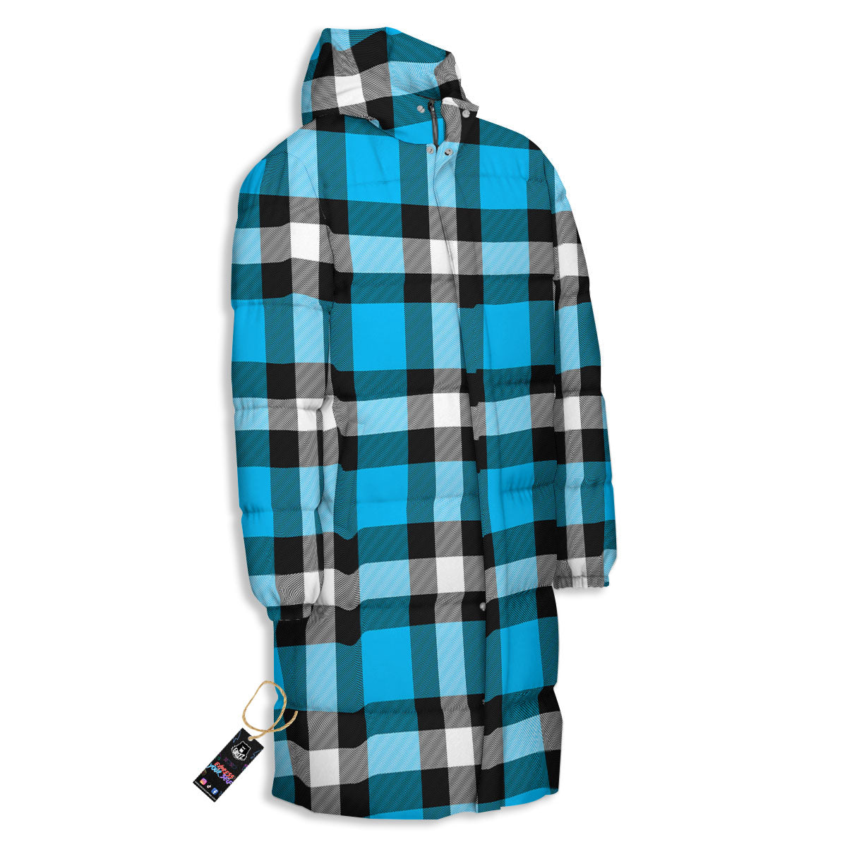 Buffalo Check Black And Turquoise Print Pattern Long Down Jacket-grizzshop