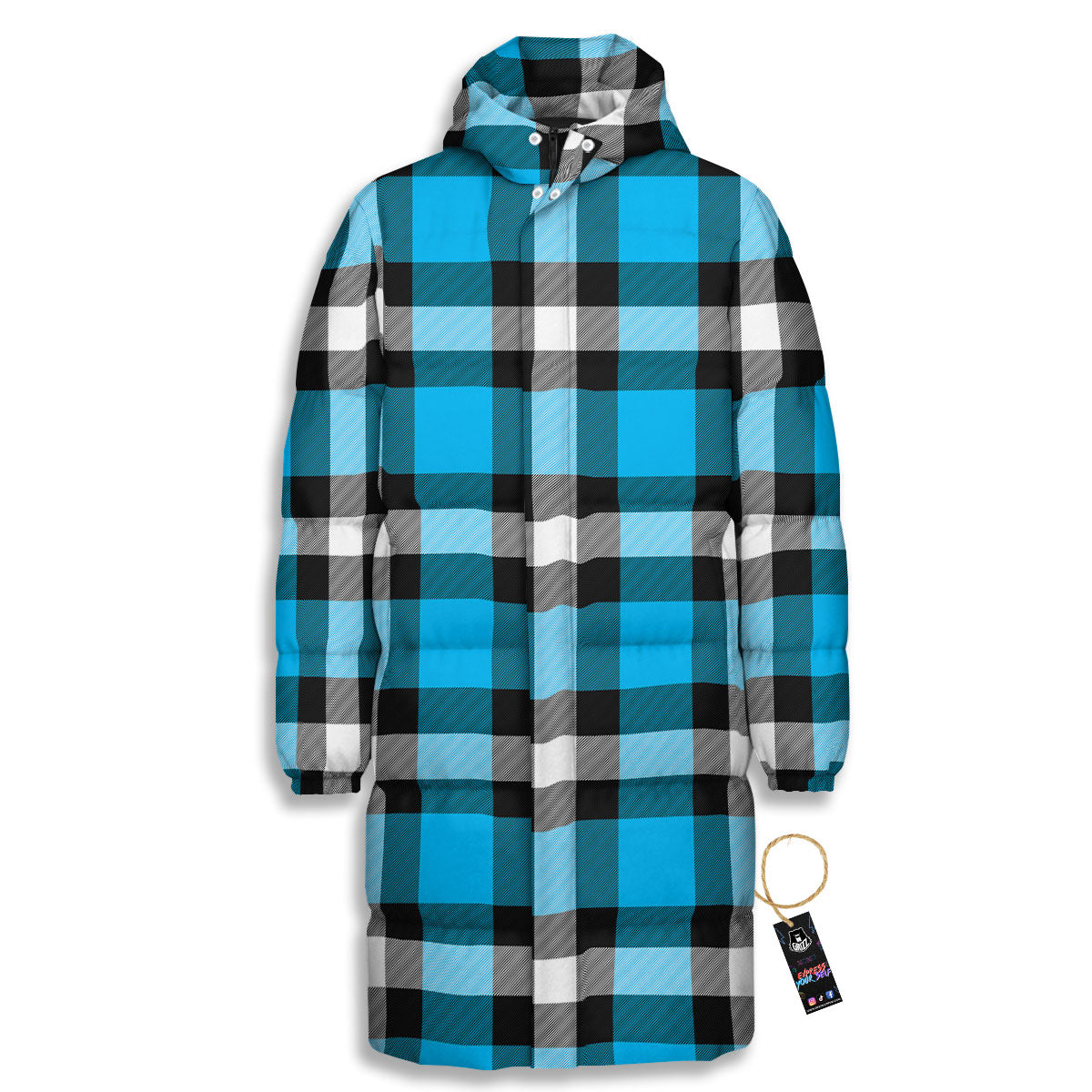 Buffalo Check Black And Turquoise Print Pattern Long Down Jacket-grizzshop