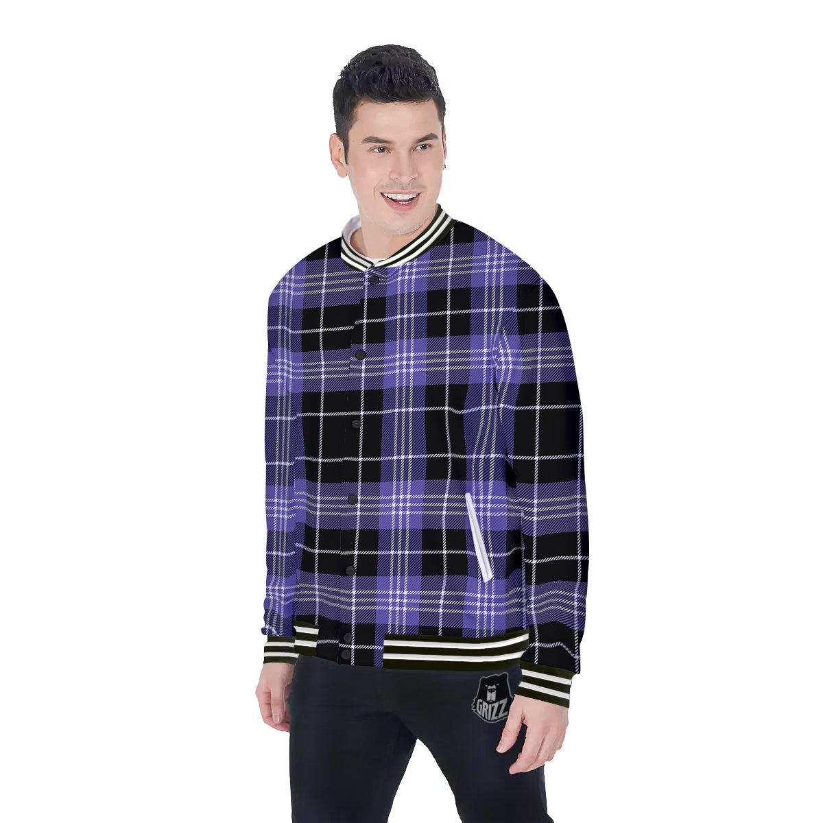 Buffalo Check Black And Violet Print Pattern Baseball Jacket-grizzshop