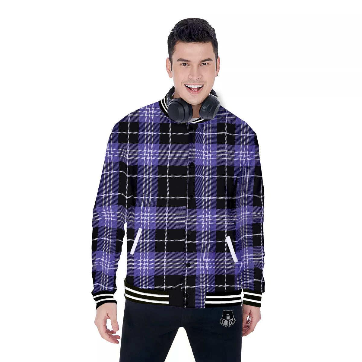 Buffalo Check Black And Violet Print Pattern Baseball Jacket-grizzshop