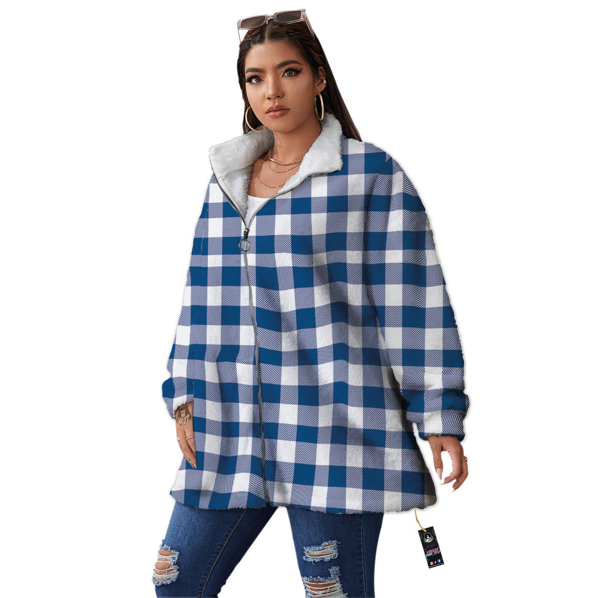 Buffalo Check Blue Print Pattern Women's Sherpa Jacket-grizzshop