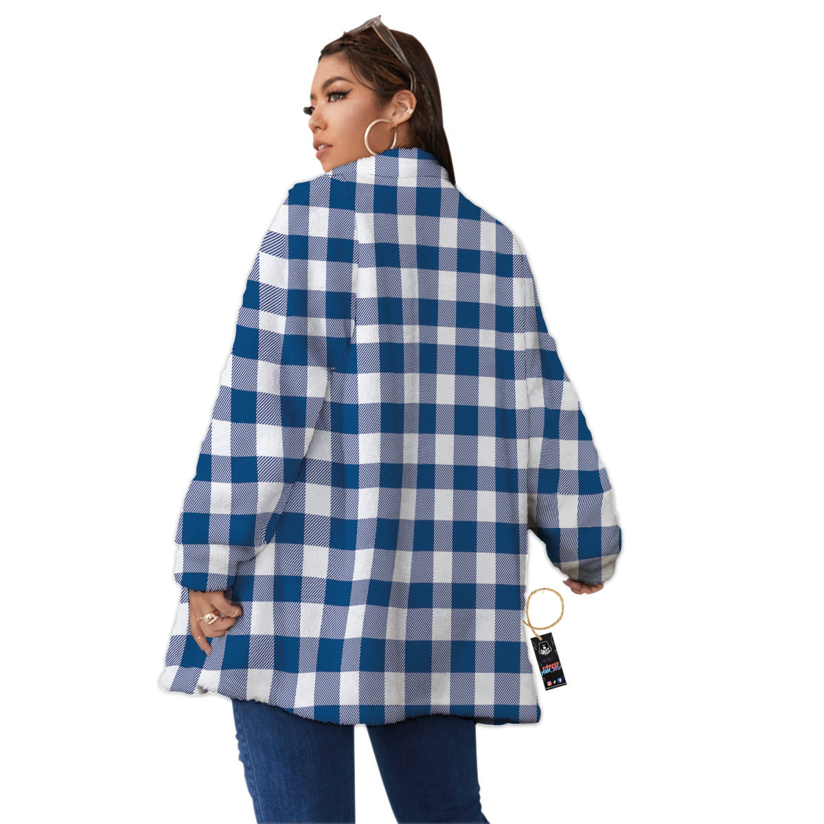 Buffalo Check Blue Print Pattern Women's Sherpa Jacket-grizzshop