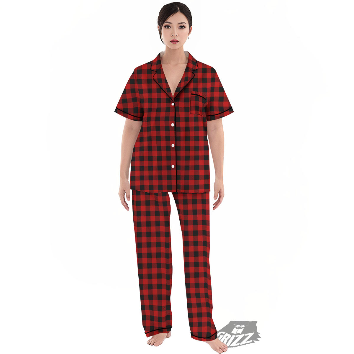 Buffalo Check Cardinal Red Print Pattern Women's Pajamas Set-grizzshop