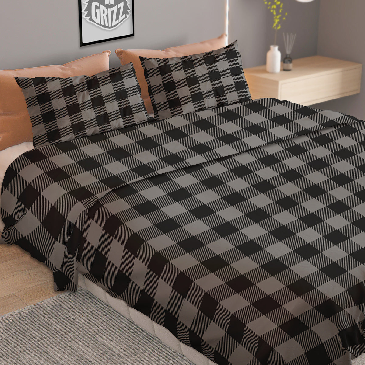 Buffalo Check Dark Grey And Black Print Duvet Cover Bedding Set