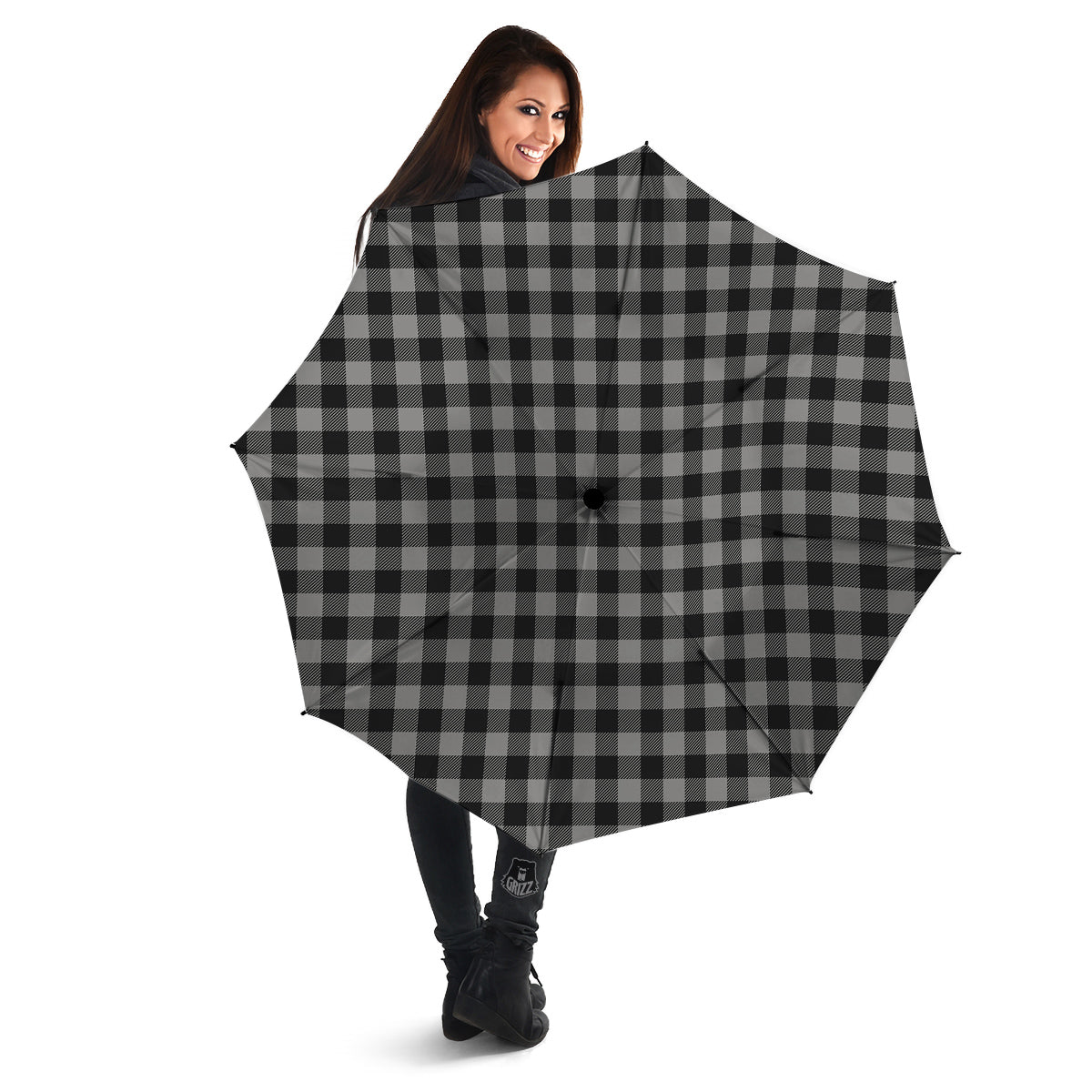 Buffalo Check Dark Grey And Black Print Umbrella-grizzshop