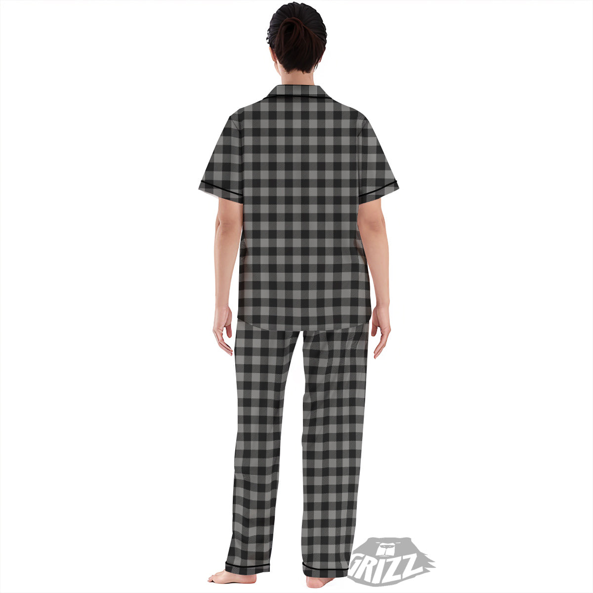 Buffalo Check Dark Grey And Black Print Women's Pajamas Set-grizzshop