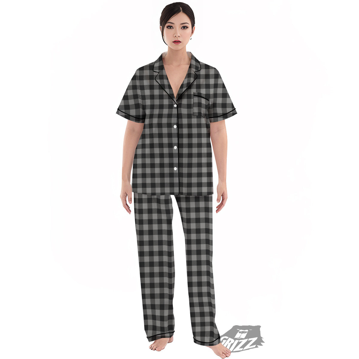 Buffalo Check Dark Grey And Black Print Women's Pajamas Set-grizzshop