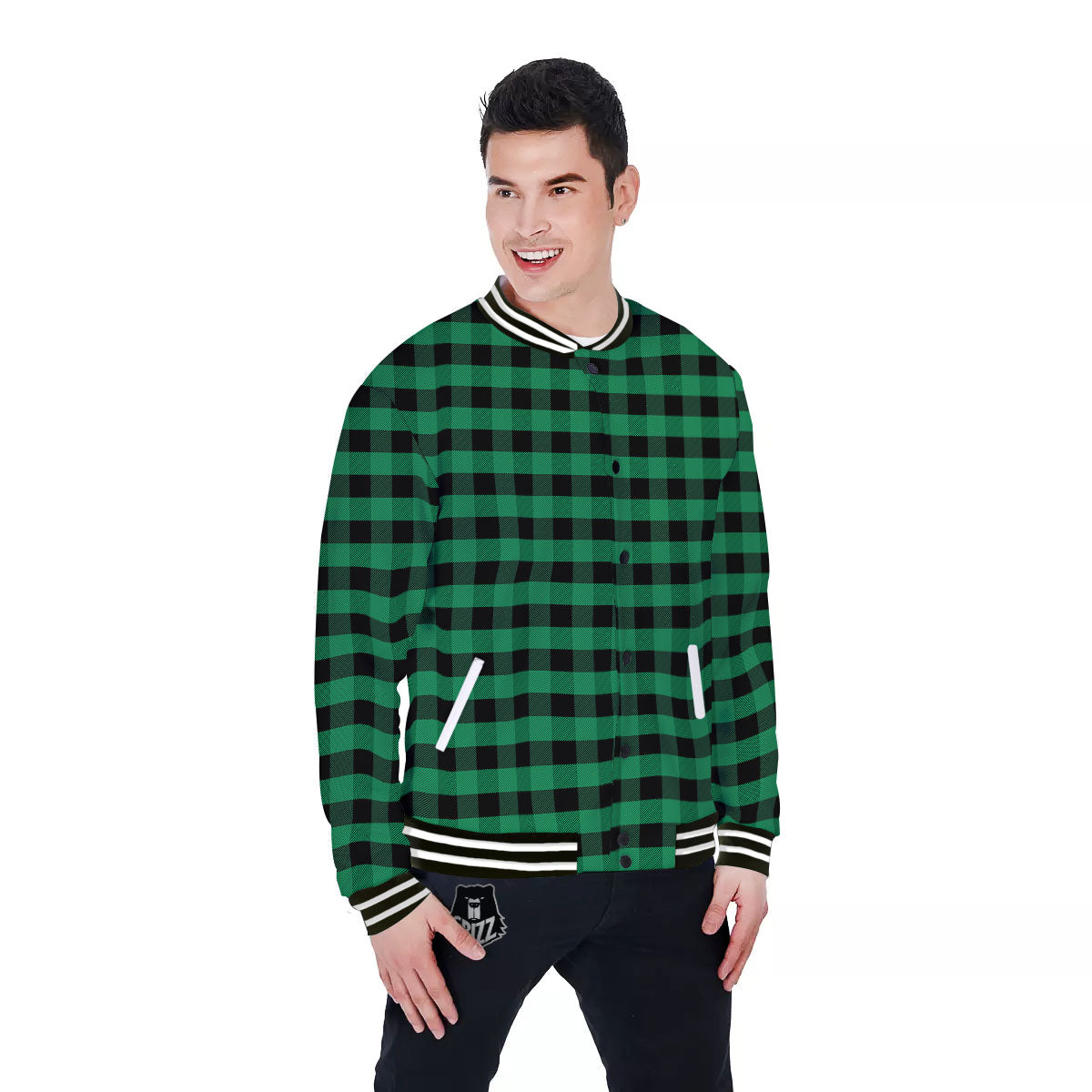 Buffalo Check Green Print Pattern Baseball Jacket-grizzshop