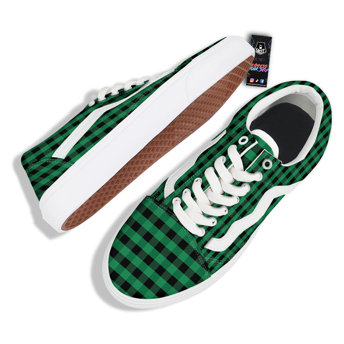 Buffalo Check Green Print Pattern Skate Shoes-grizzshop
