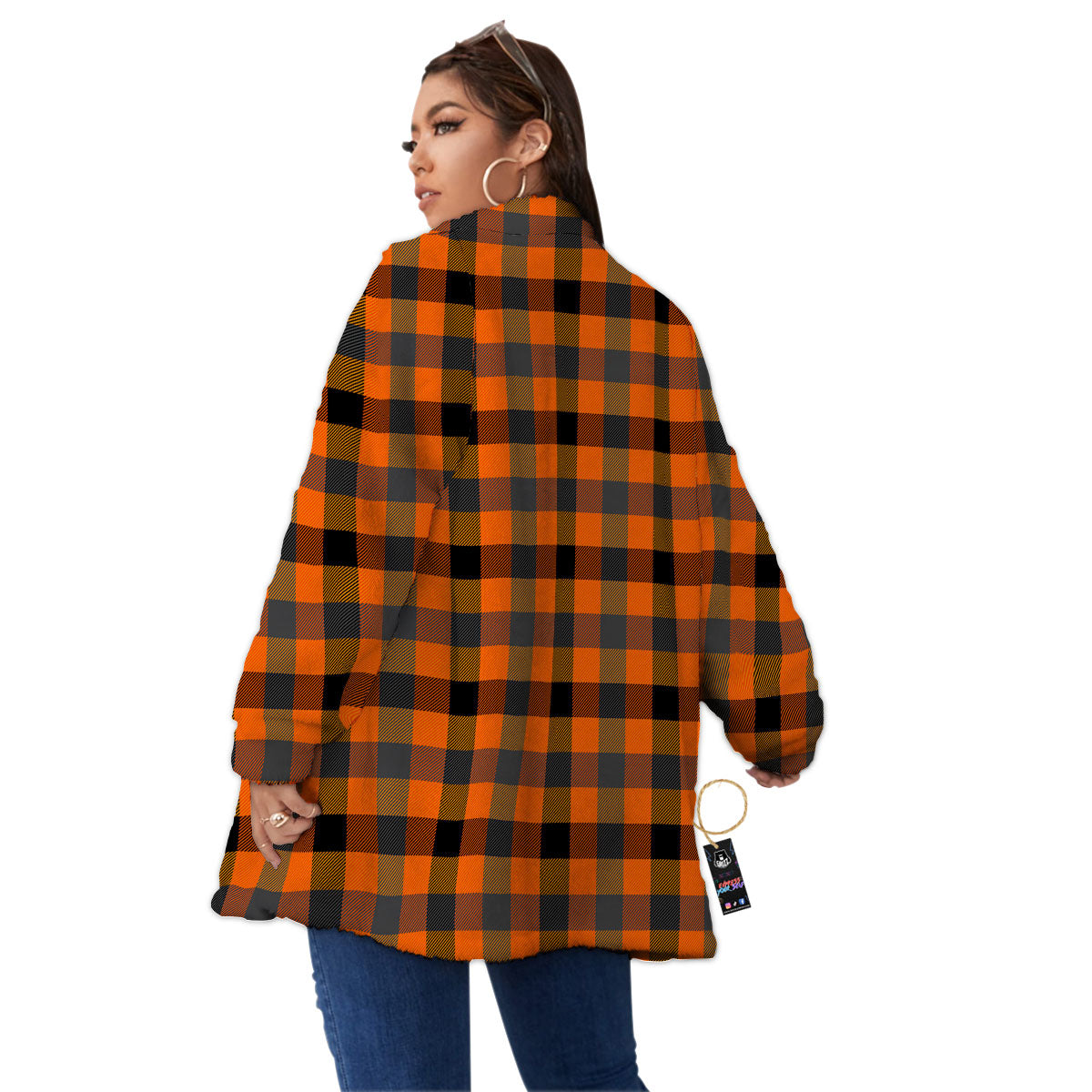Buffalo Check Halloween Orange Print Women's Sherpa Jacket-grizzshop