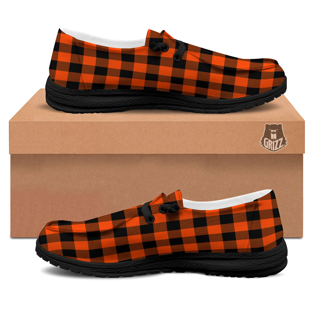 Buffalo Check Lava Orange Print Pattern Black Loafers-grizzshop