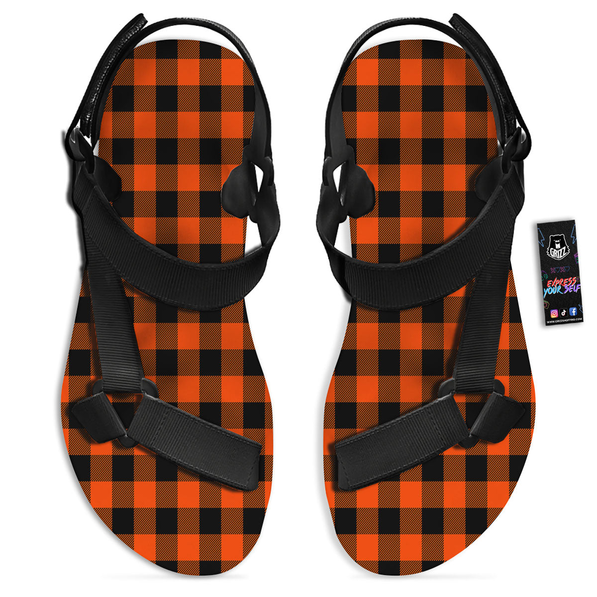 Buffalo Check Lava Orange Print Pattern Black Open Toe Sandals-grizzshop