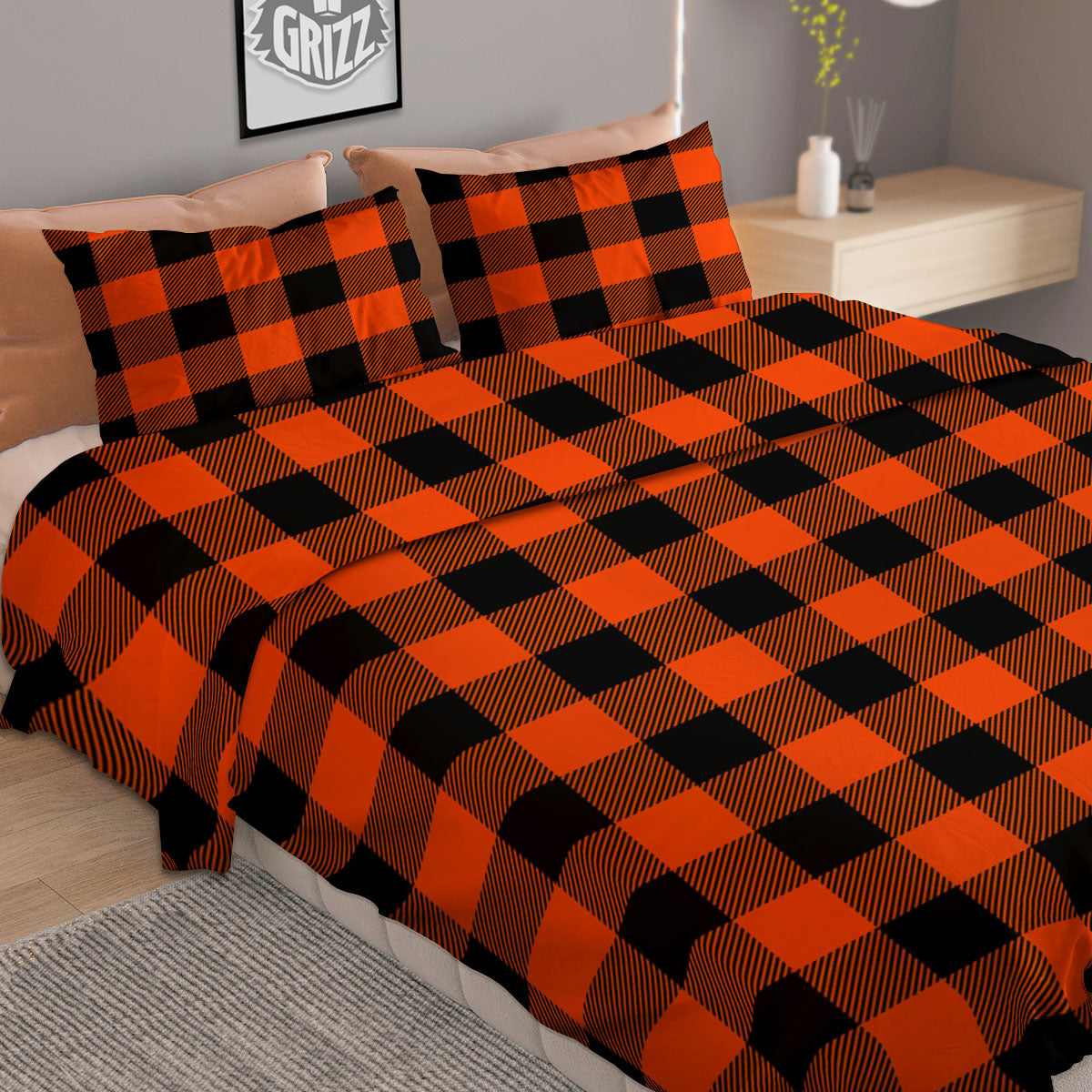 Buffalo Check Lava Orange Print Pattern Duvet Cover Bedding Set