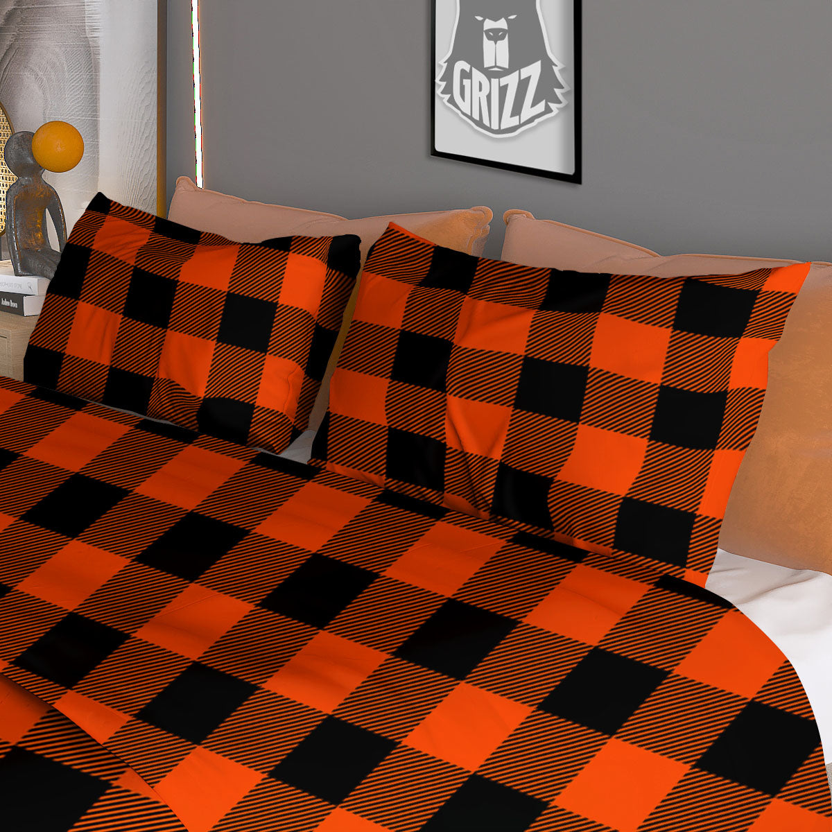 Buffalo Check Lava Orange Print Pattern Duvet Cover Bedding Set