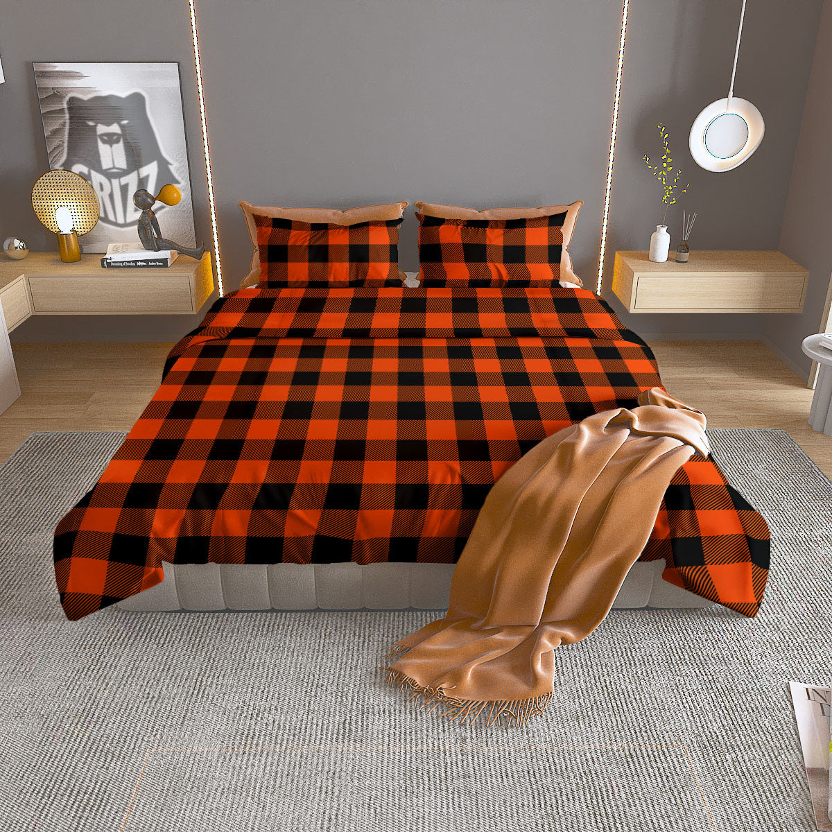 Buffalo Check Lava Orange Print Pattern Duvet Cover Bedding Set