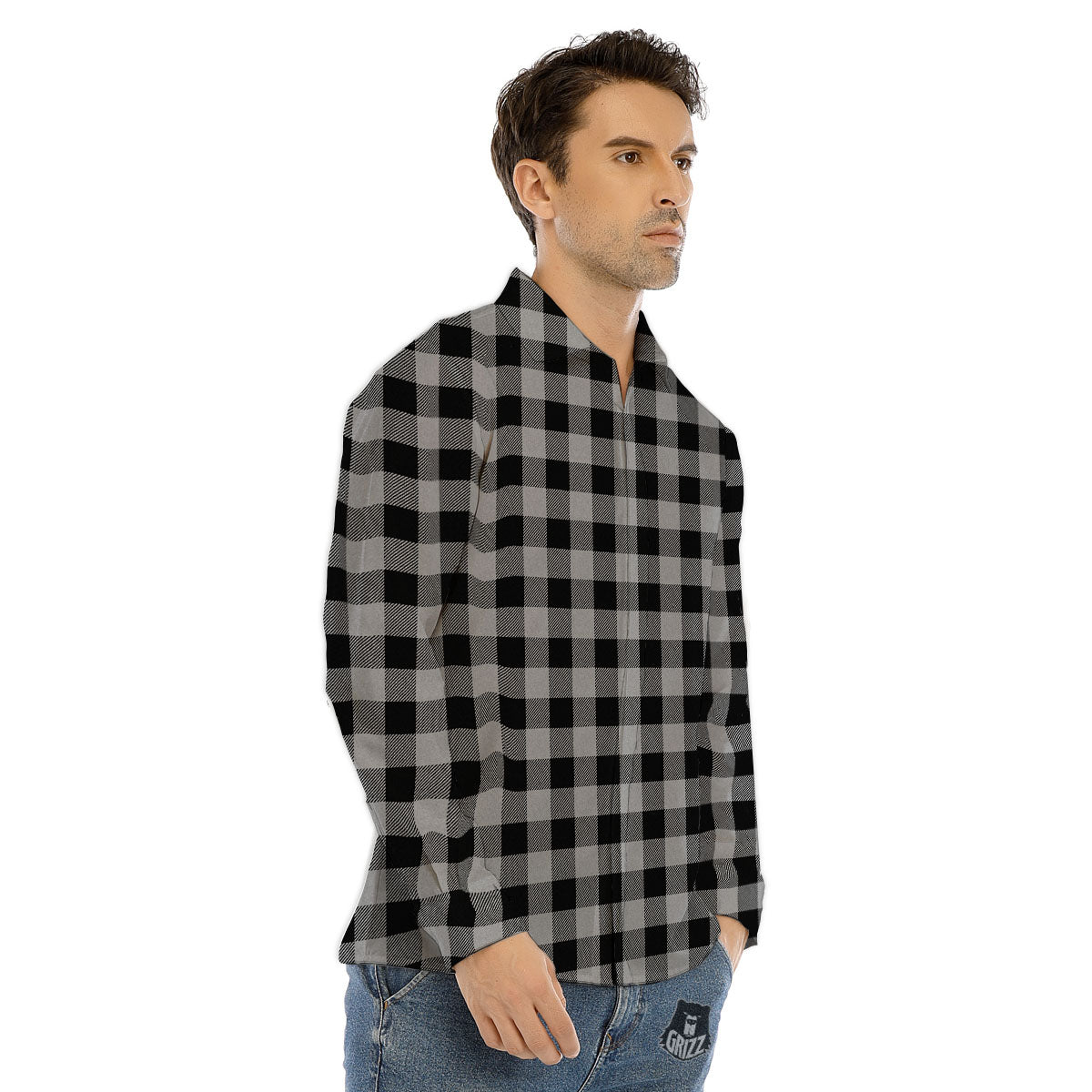 Buffalo Check Light Grey And Black Print Men's Dress Shirts-grizzshop