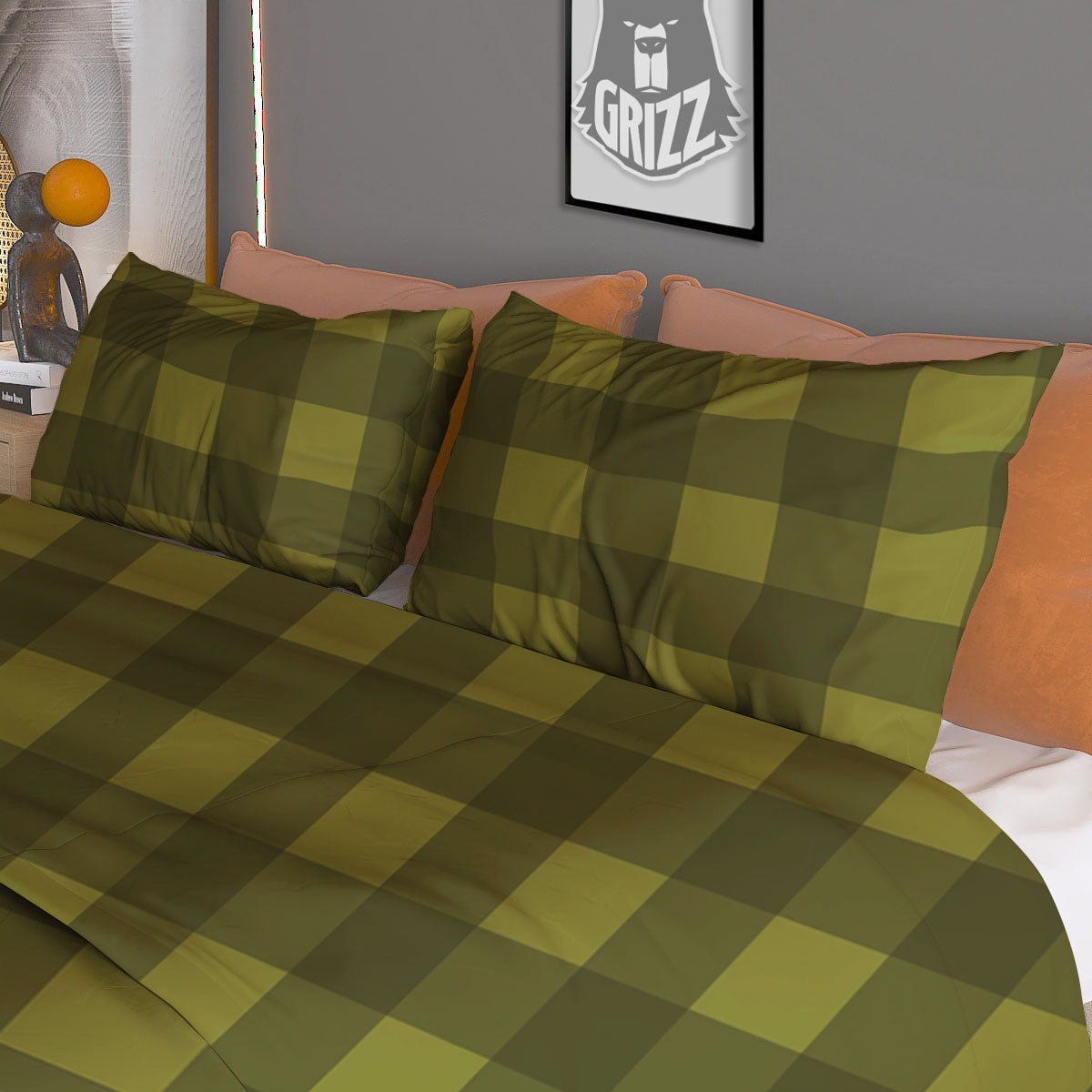 Buffalo Check Olive Green Print Pattern Duvet Cover Bedding Set
