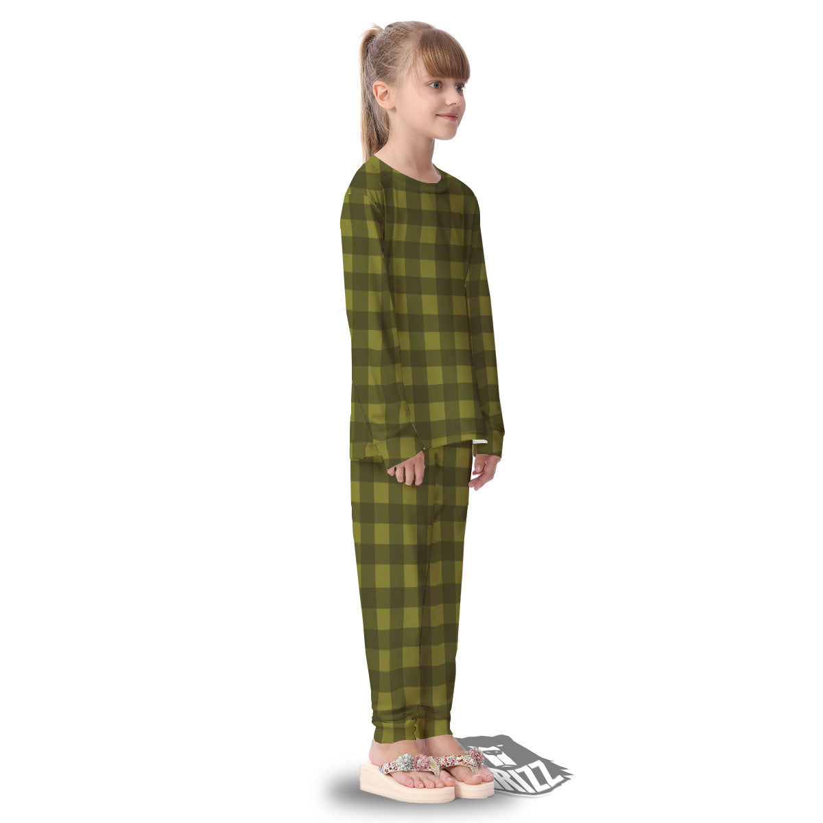 Buffalo Check Olive Green Print Pattern Kid's Pajamas-grizzshop
