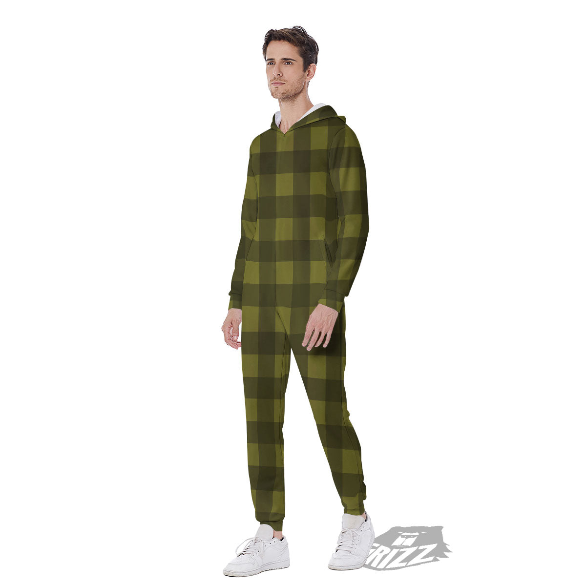 Buffalo Check Olive Green Print Pattern Men's Jumpsuit-grizzshop