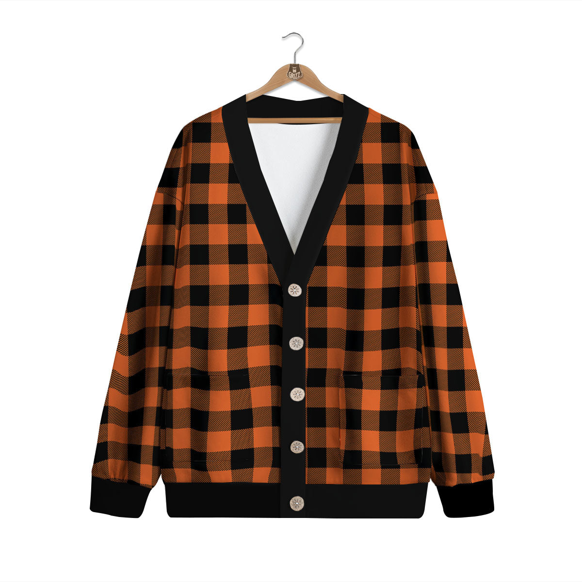 Buffalo Check Orange Print Pattern Cardigan-grizzshop