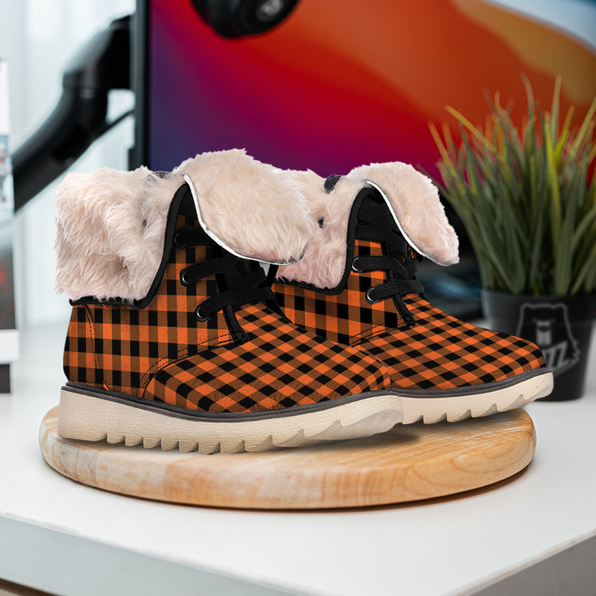 Buffalo Check Orange Print Pattern Snow Boots-grizzshop