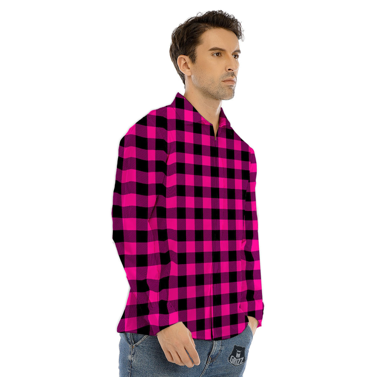 Buffalo Check Pink And Black Print Men's Dress Shirts-grizzshop