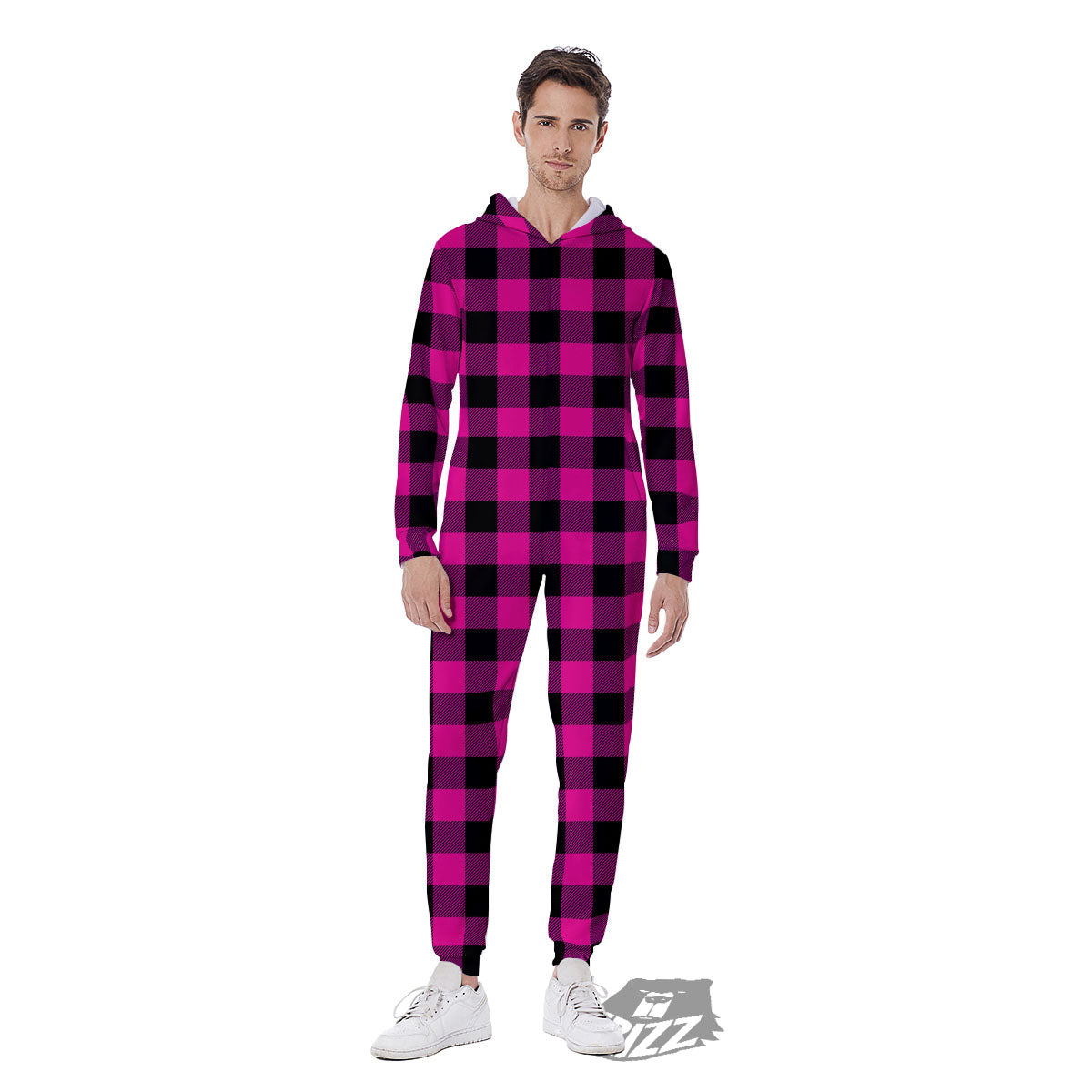 Buffalo Check Pink And Black Print Men's Jumpsuit-grizzshop