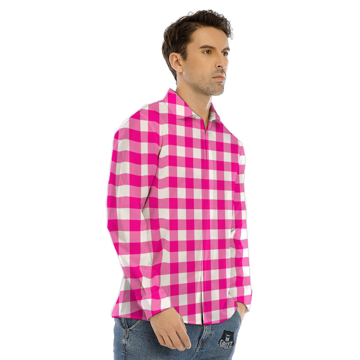Buffalo Check Pink And White Print Men's Dress Shirts-grizzshop