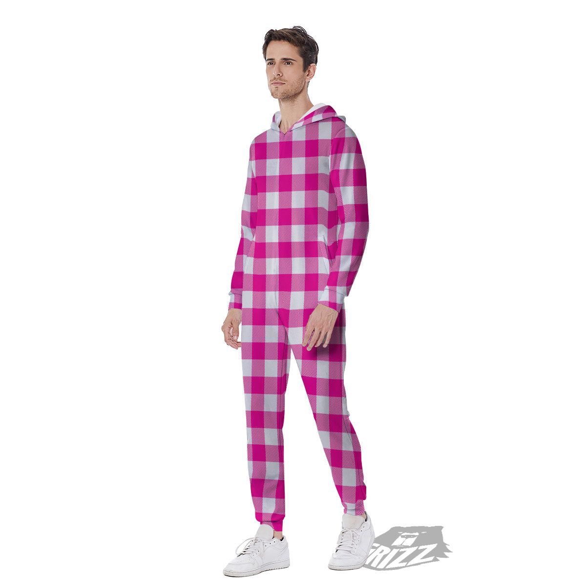 Buffalo Check Pink And White Print Men's Jumpsuit-grizzshop