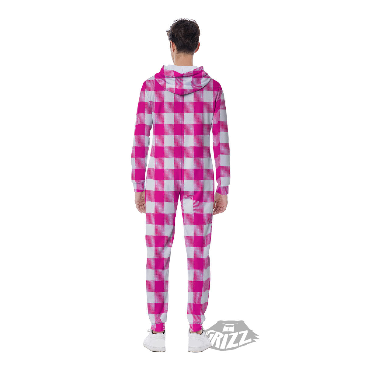 Buffalo Check Pink And White Print Men's Jumpsuit-grizzshop