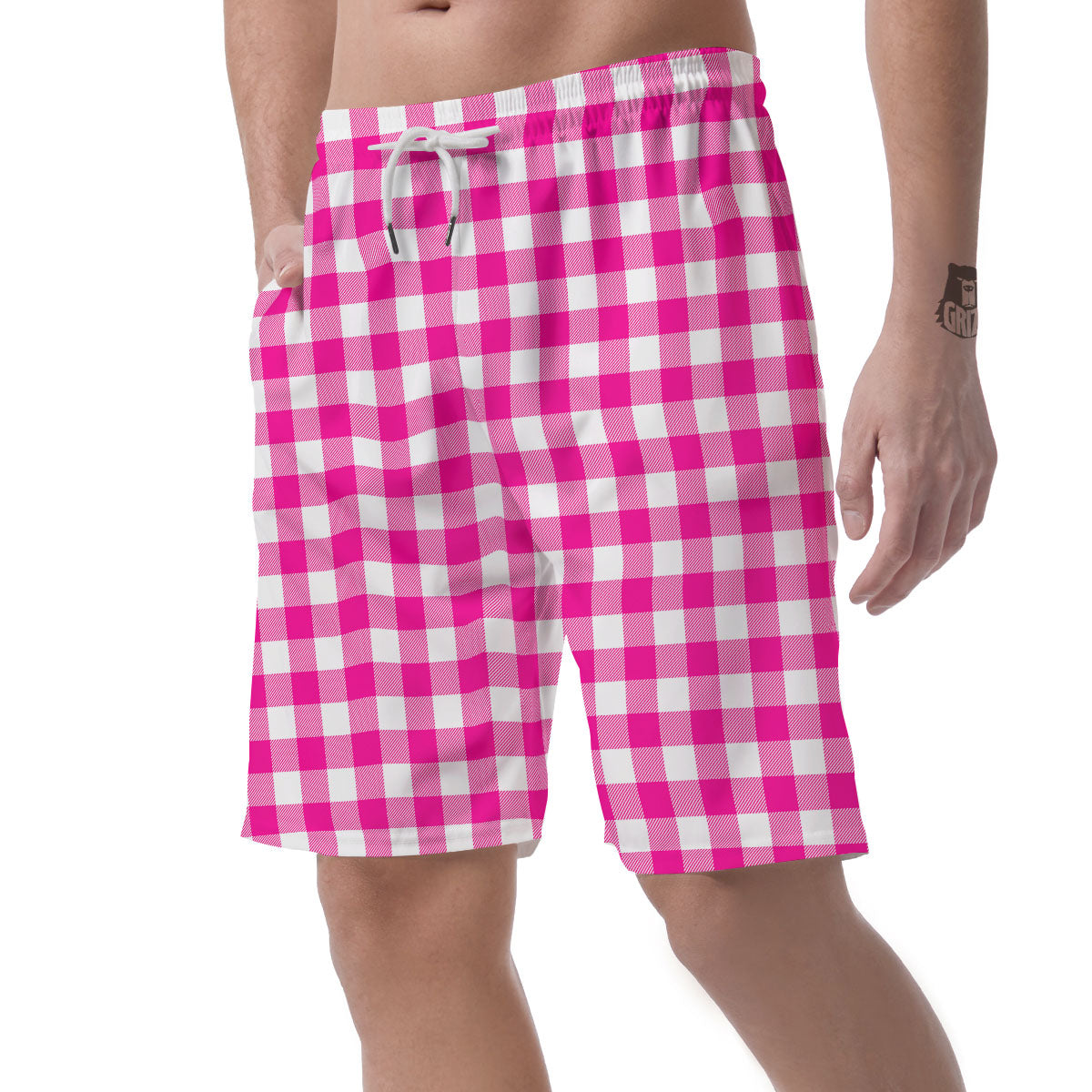 Buffalo Check Pink And White Print Men's Shorts-grizzshop