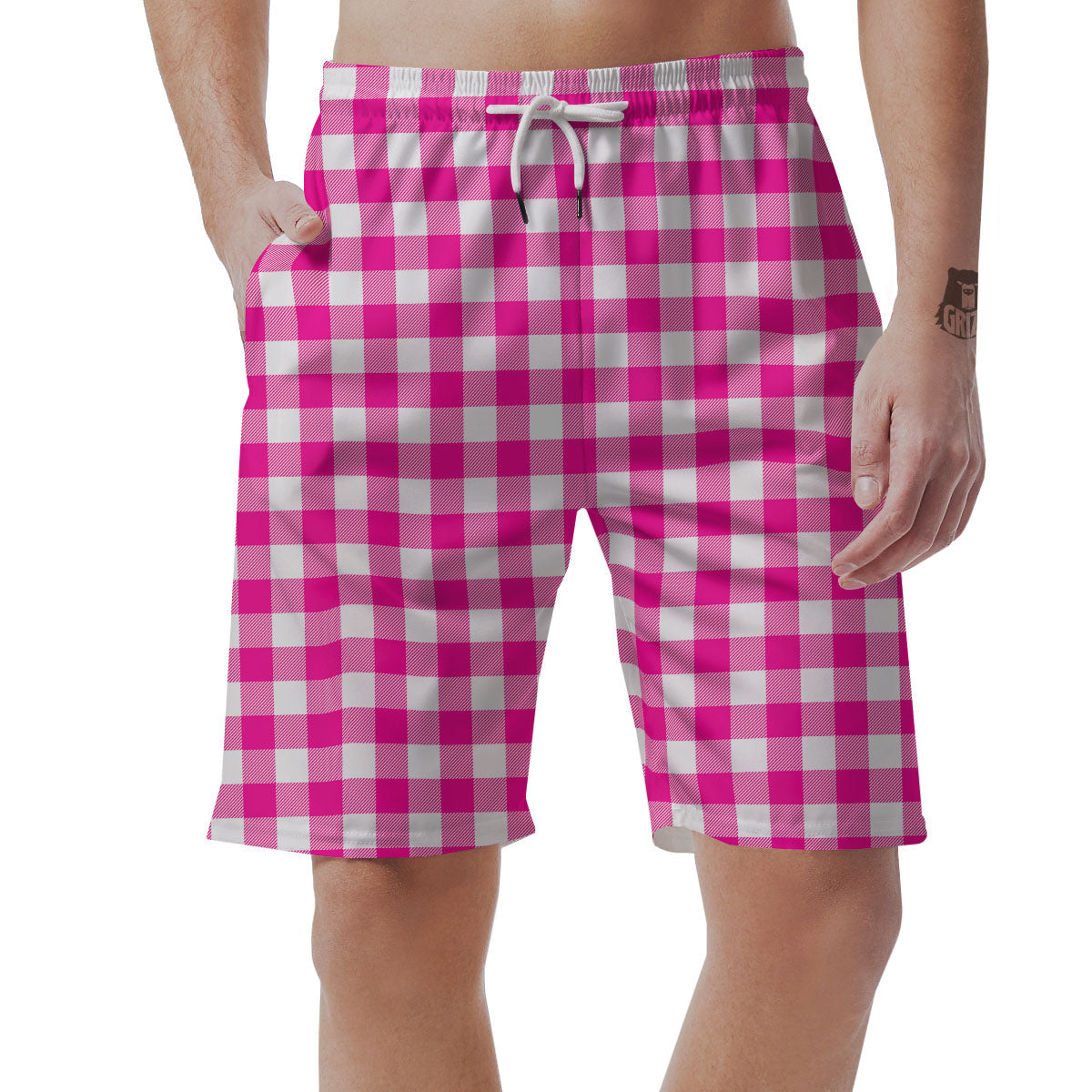 Buffalo Check Pink And White Print Men's Shorts-grizzshop
