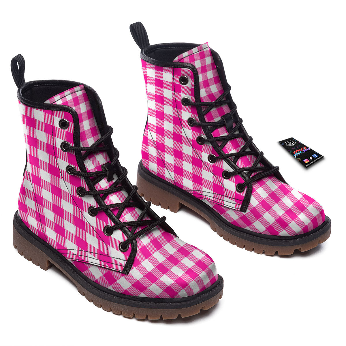 Buffalo Check Pink And White Print Work Boots-grizzshop