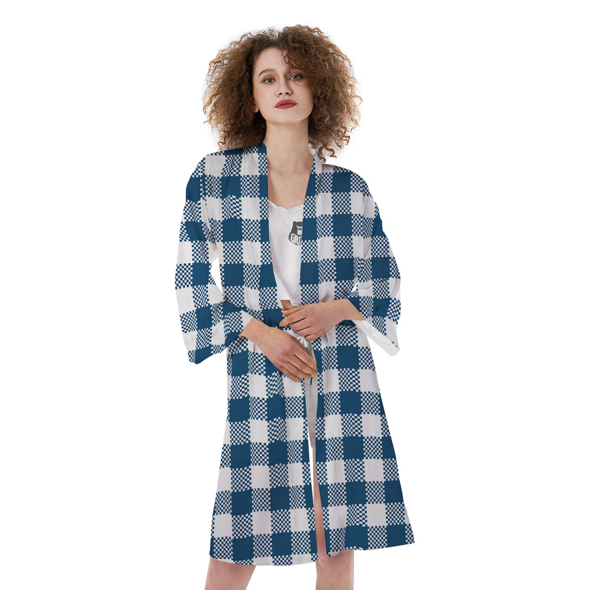 Buffalo Check White And Blue Print Kimono-grizzshop