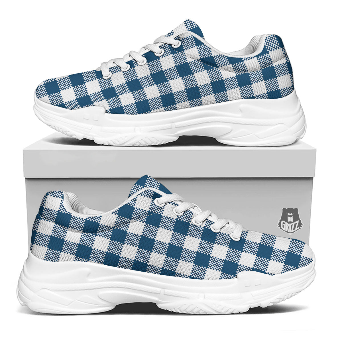 Buffalo Check White And Blue Print White Chunky Shoes-grizzshop