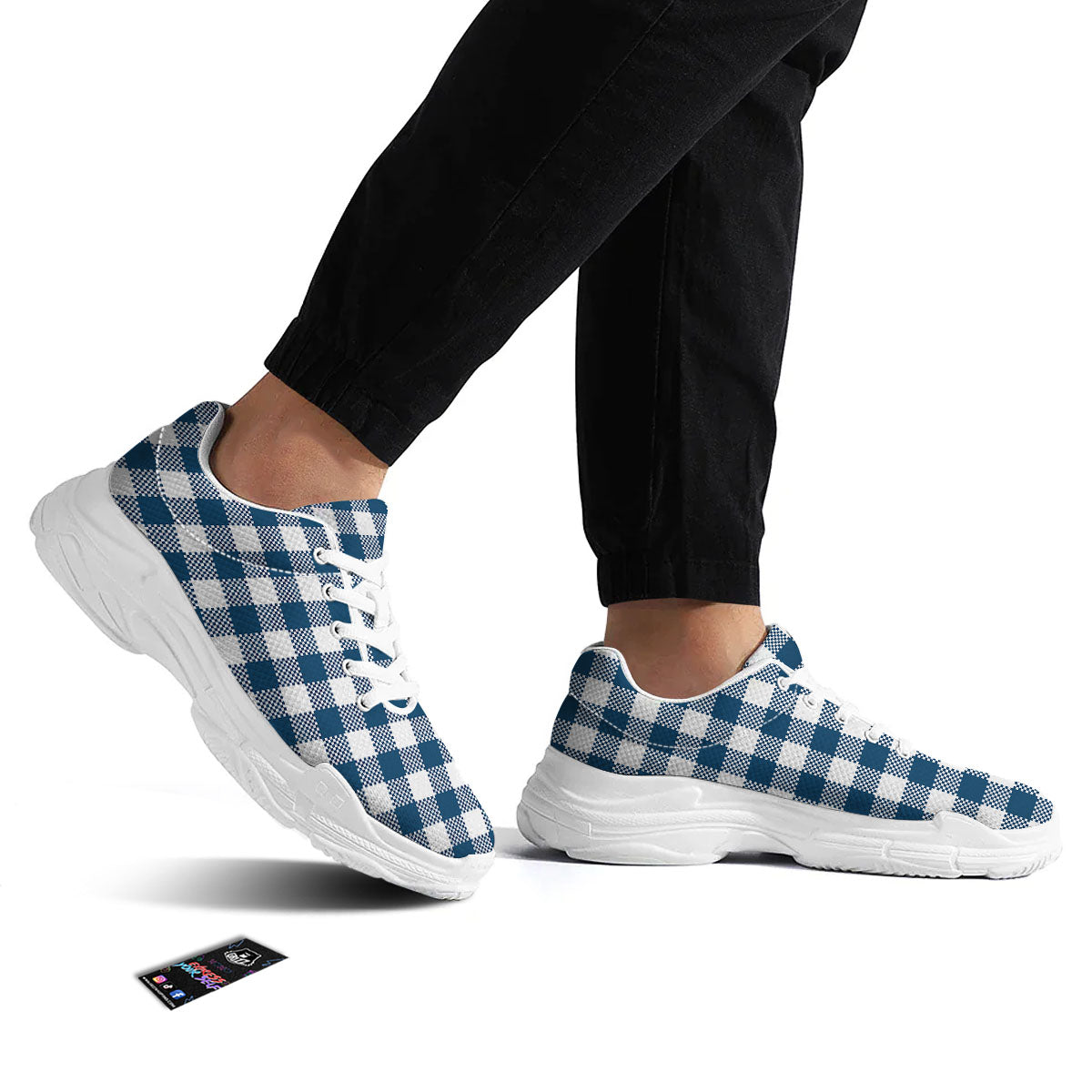Buffalo Check White And Blue Print White Chunky Shoes-grizzshop