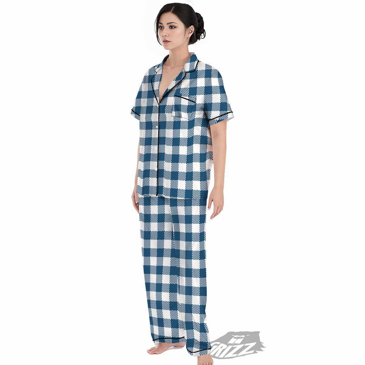 Buffalo Check White And Blue Print Women's Pajamas Set-grizzshop