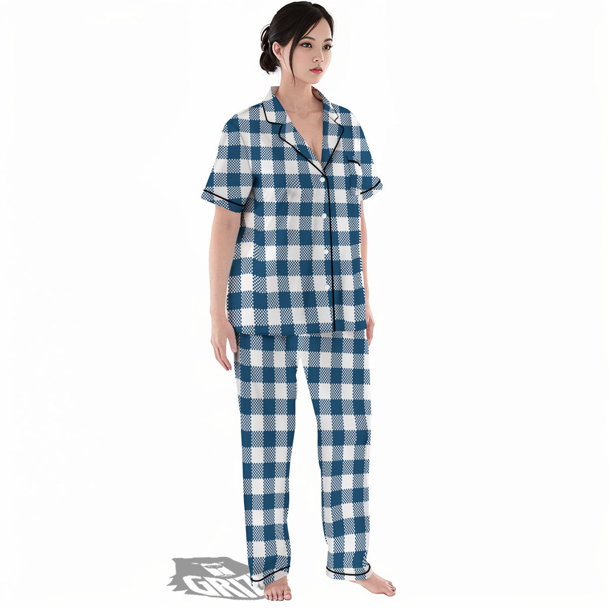 Buffalo Check White And Blue Print Women's Pajamas Set-grizzshop