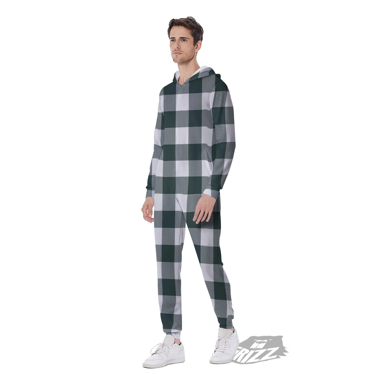 Buffalo Check White And Green Print Men's Jumpsuit-grizzshop