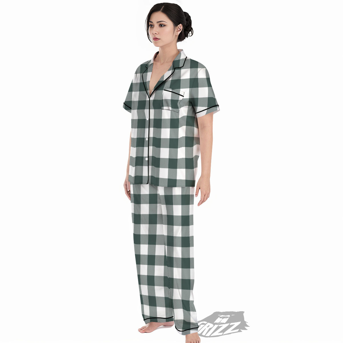 Buffalo Check White And Green Print Women's Pajamas Set-grizzshop