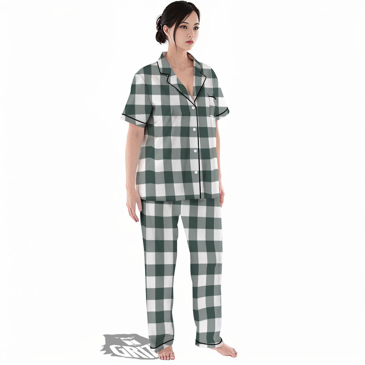 Buffalo Check White And Green Print Women's Pajamas Set-grizzshop