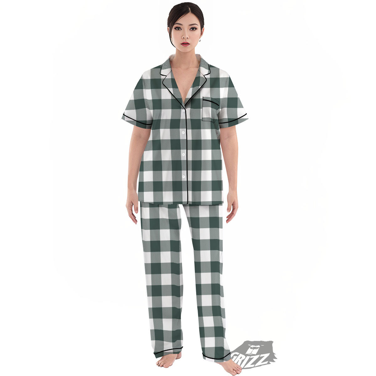Buffalo Check White And Green Print Women's Pajamas Set-grizzshop