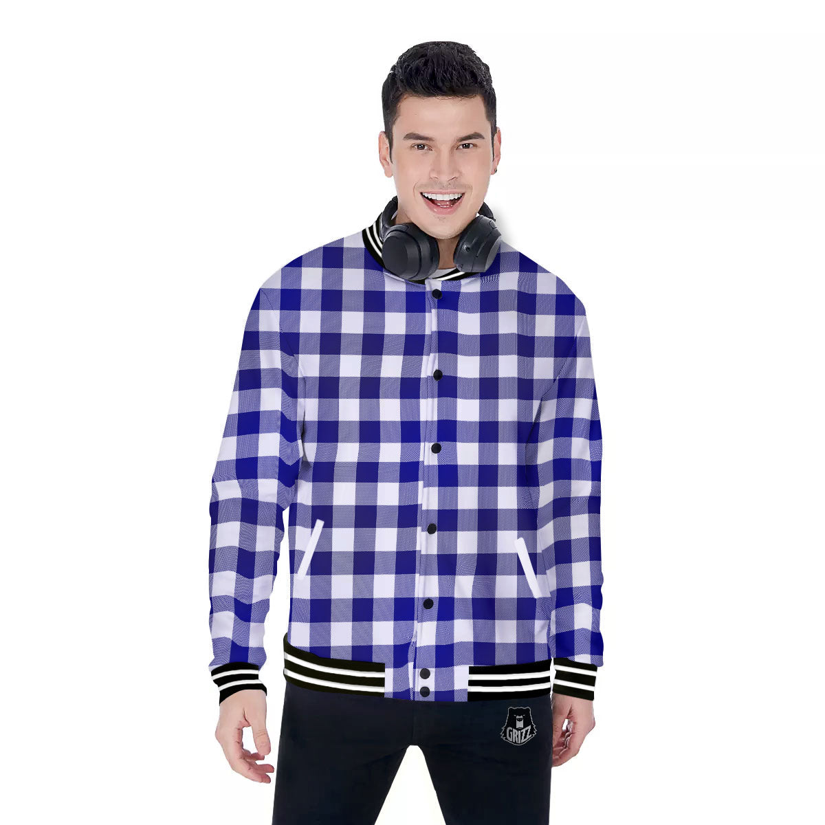 Buffalo Check White And Navy Print Baseball Jacket-grizzshop