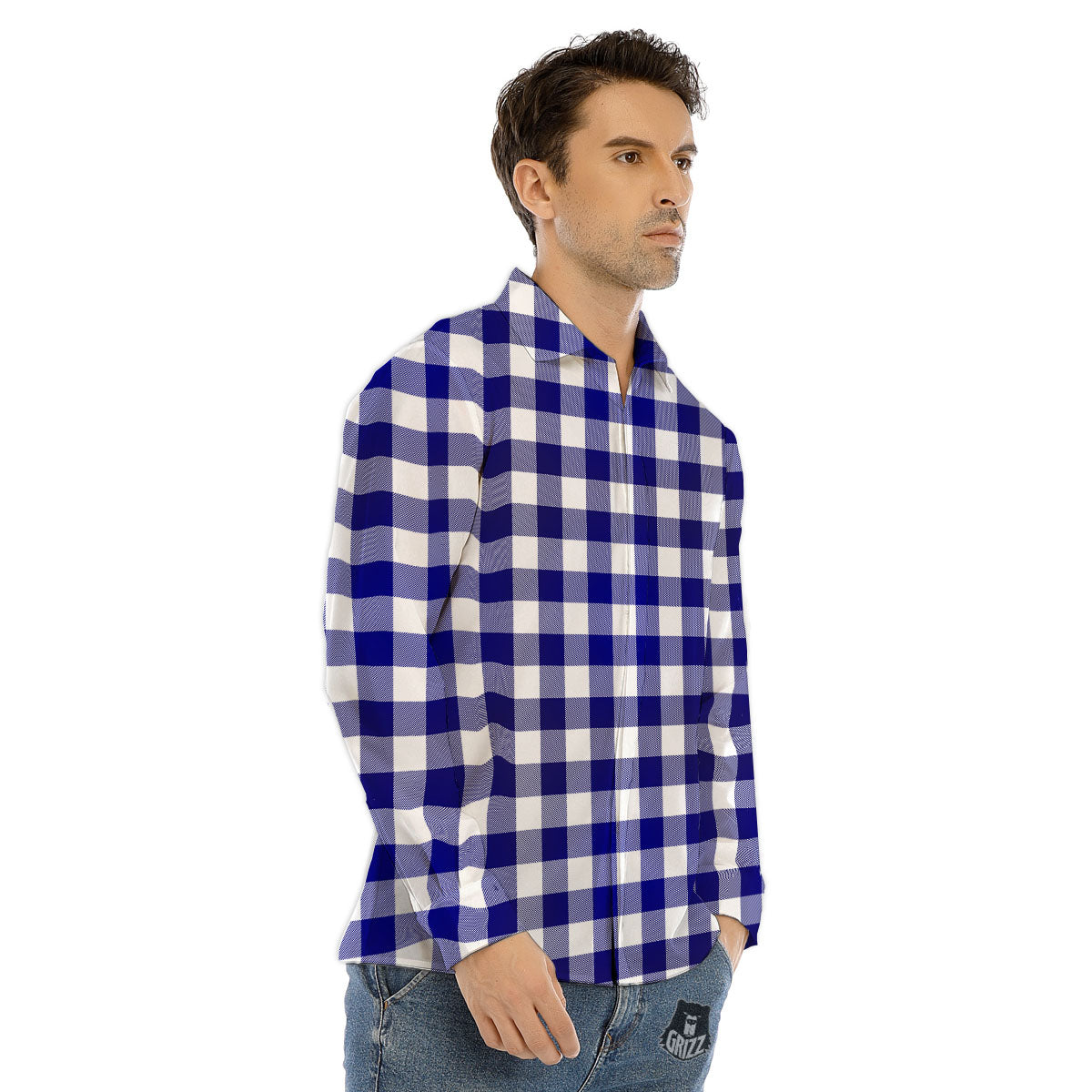 Buffalo Check White And Navy Print Men's Dress Shirts-grizzshop