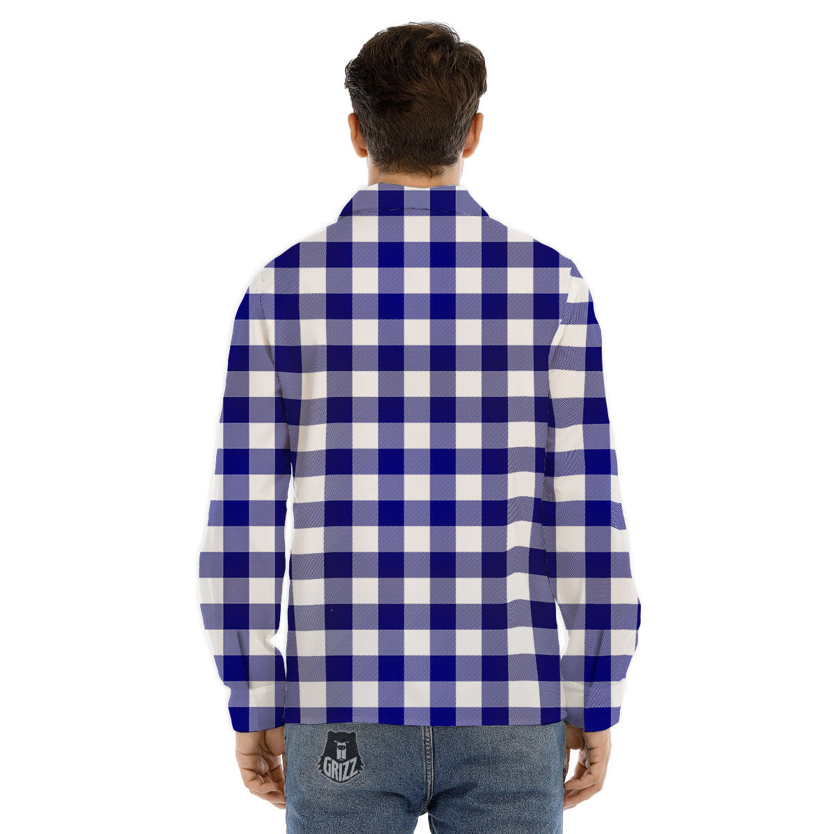 Buffalo Check White And Navy Print Men's Dress Shirts-grizzshop