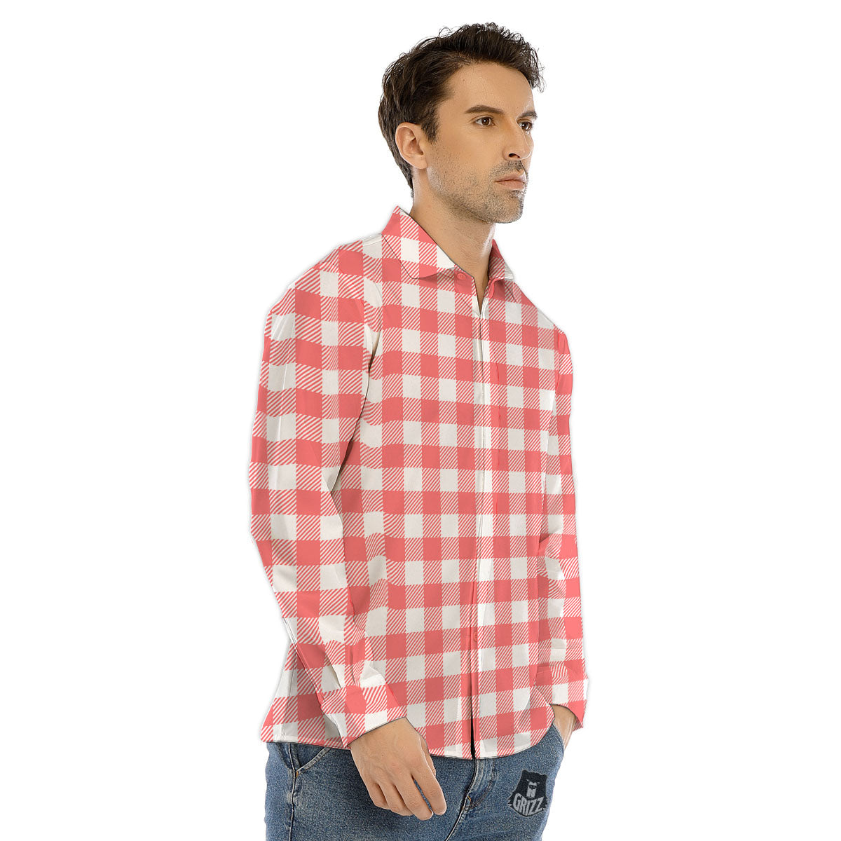 Buffalo Check White And Pink Print Men's Dress Shirts-grizzshop